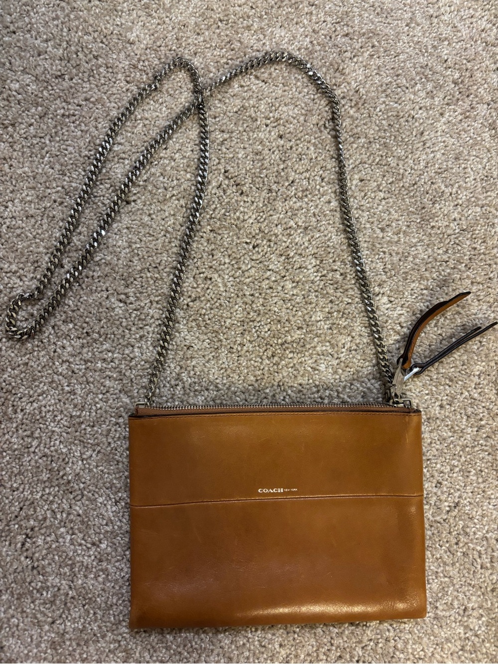 Coach Brown Leather Crossbody with Silver Chain Strap